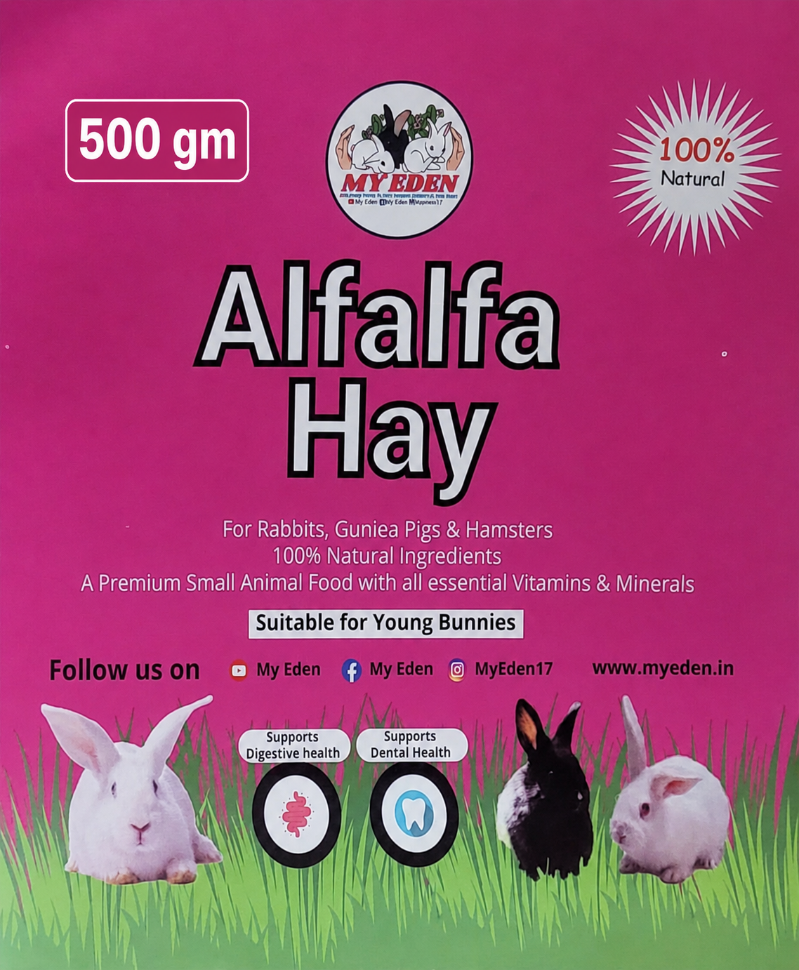 Alfalfa Hay for Rabbits, Guinea pigs, Hamster | High Fiber Food | Pesticides Free (500 Gm)